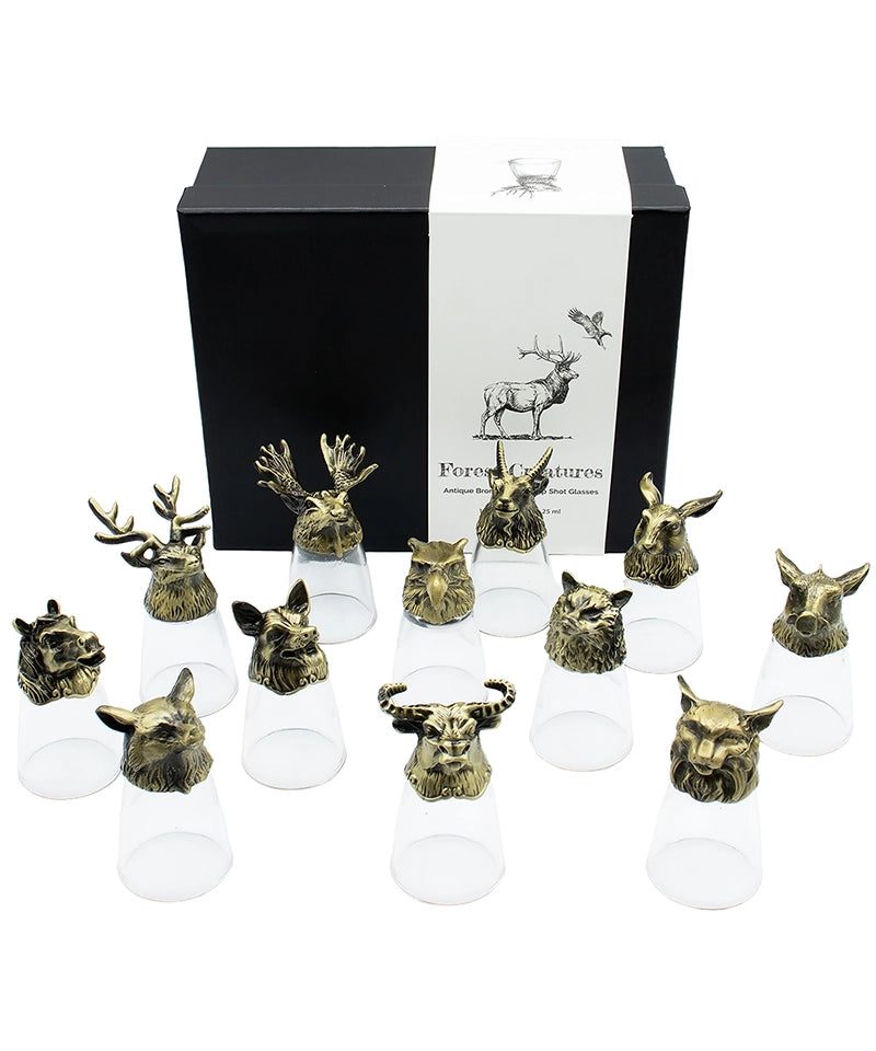 Gift Set of 12 Bottom Up Shot Glasses (25ml) - Forest & Mystical Creatures - Antique Bronze