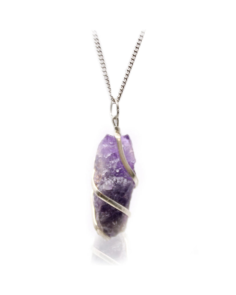 Cascade Wrapped Gemstone Necklace - Rough Amethyst on Silver Plated Chain