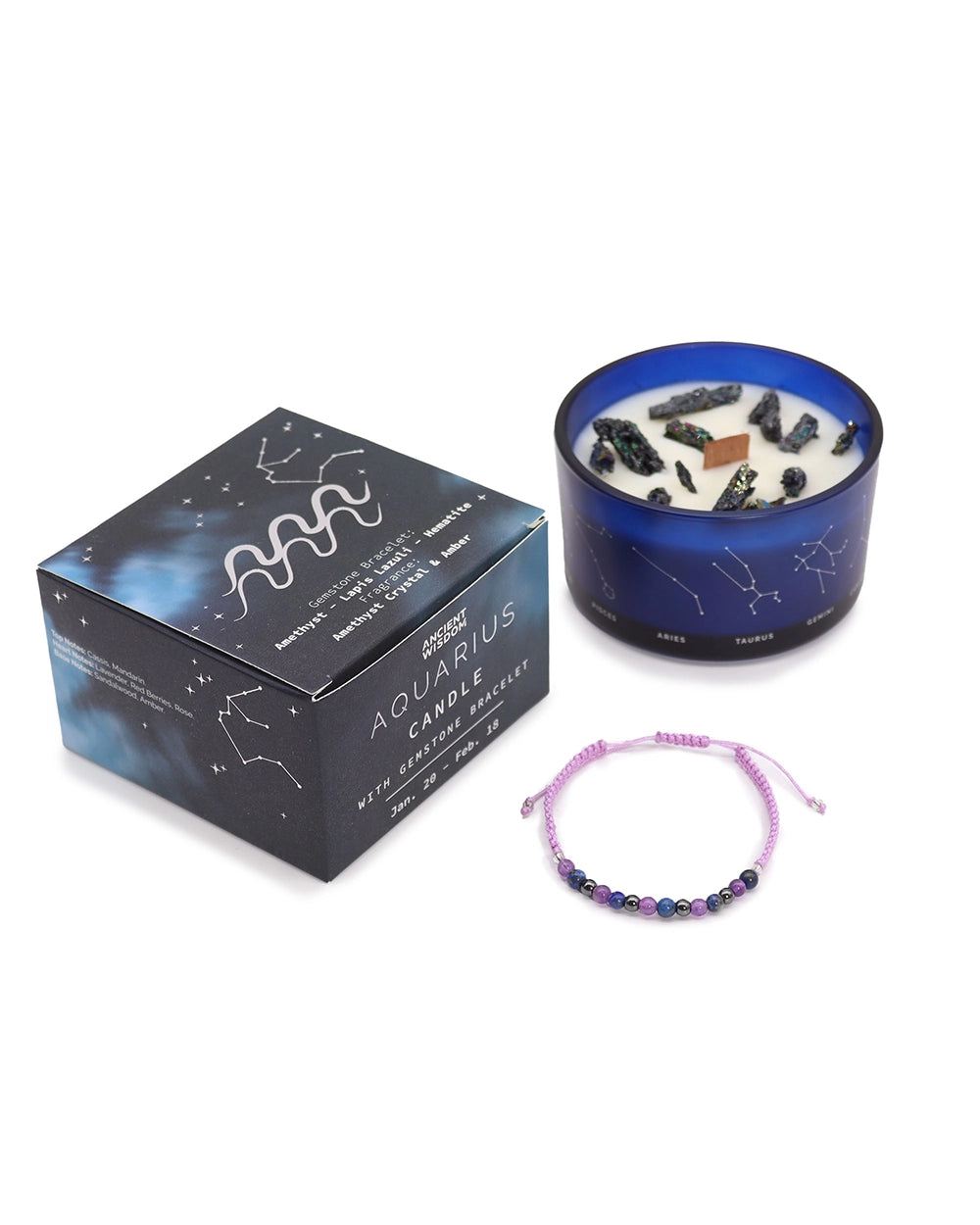 Zodiac Crystal Candle with Gemstone Bracelet - Aquarius