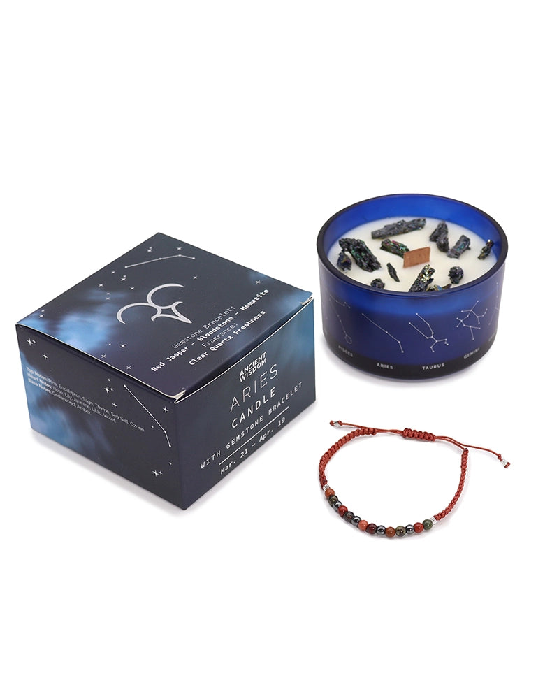 Zodiac Crystal Candle with Gemstone Bracelet - Aries