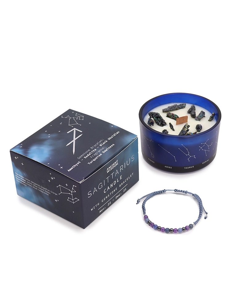 Zodiac Crystal Candle with Gemstone Bracelet - Sagittarius